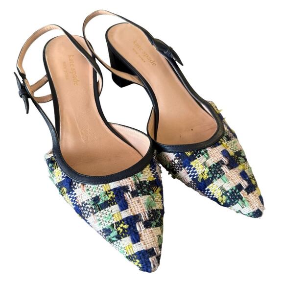 Kate Spade Leather Juniper Navy Multi Sienna Tweed Bow Sling 2.5" Pump-Size 8.5 - Picture 1 of 7